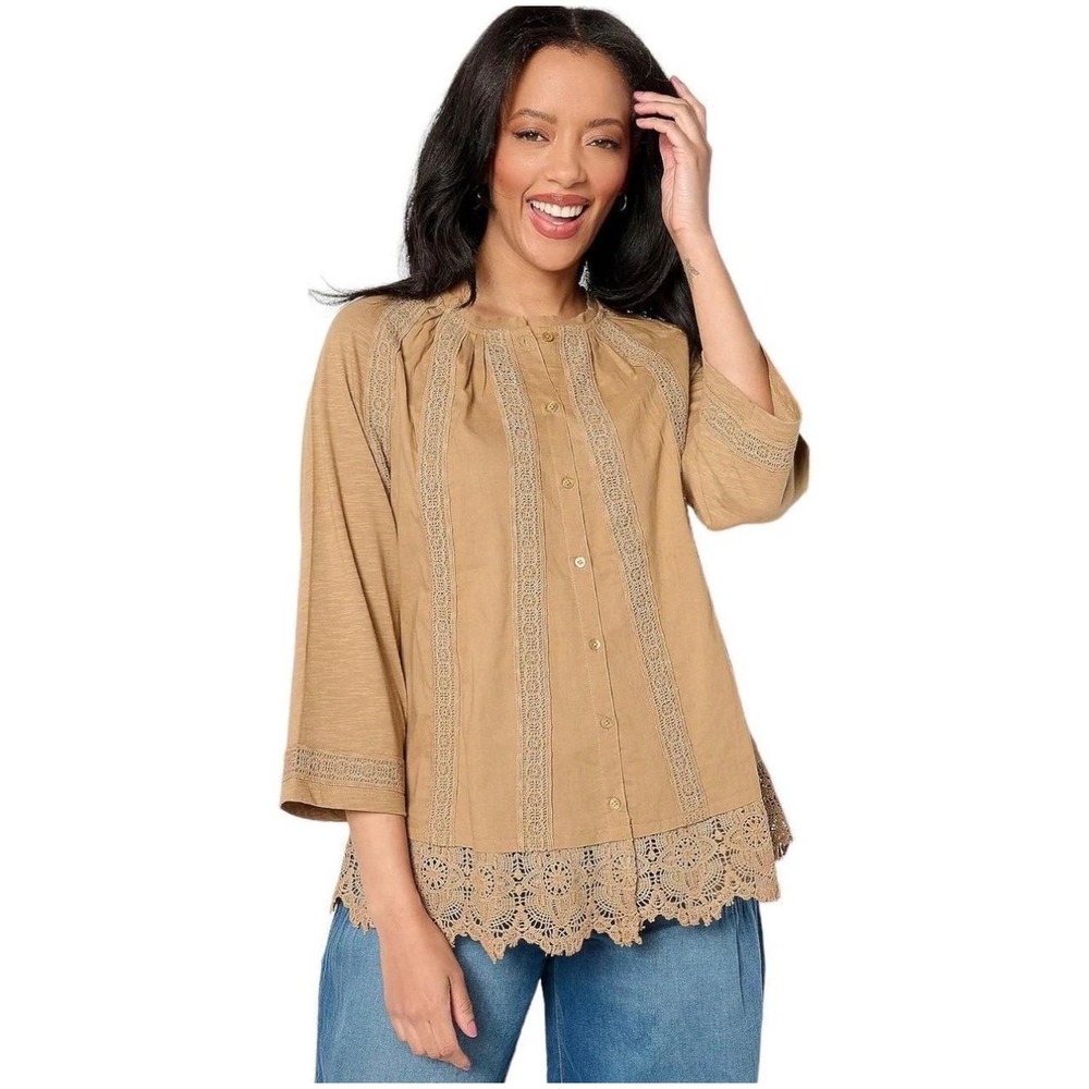 LOGO Lavish Lori Goldstein Tan Crochet Lace Button Front Tunic Top Plus 1X
